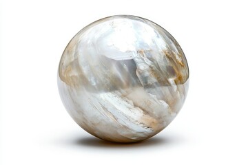 Large spherical pearl on a white background. A mother-of-pearl ball lies on the table. Banner with space for text.