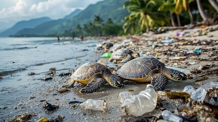 Sea Turtles Amidst Plastic Pollution on a Sandy Beach