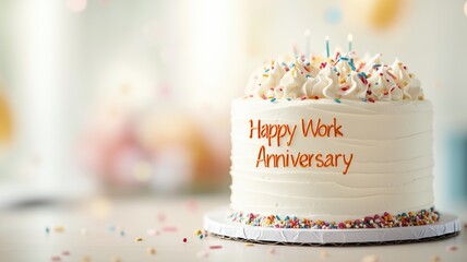 A beautifully decorated cake with colorful sprinkles and a message saying 'Happy Work Anniversary' on a festive background, perfect for celebration and workplace events.