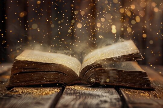 Open Up. Antique Book on Wooden Table with Glitter Overlay. Vintage and Artistic Background