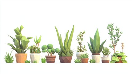 Fototapeta premium A series of potted plants stand neatly in a row against a white backdrop, showing off their vibrant greenery. Each pot features a unique design, adding charm to the arrangement.