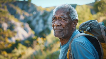 Obraz premium Outdoor Sports. Black Senior Male Suffering Shoulder Pain and Back Injury After Hiking Accident