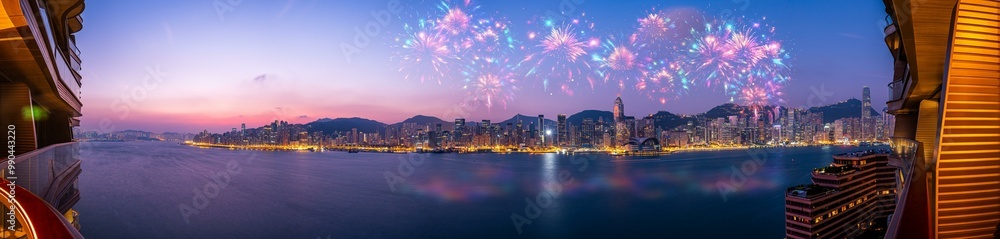 Poster A nighttime view of Hong Kong's cityscape with colorful fireworks exploding in the sky.