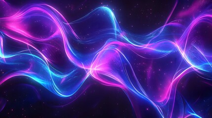 A background with neon blue and purple swirls, glowing lines, stars, and an abstract design