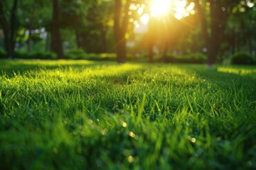 Naklejka premium Park Grass. Beautiful Morning Light in Public Garden with Refreshing Green Grass Field