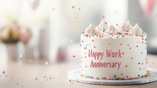 A delicious white cake adorned with colorful sprinkles and topped with whipped cream, featuring the words 'Happy Work Anniversary' for a festive celebration.