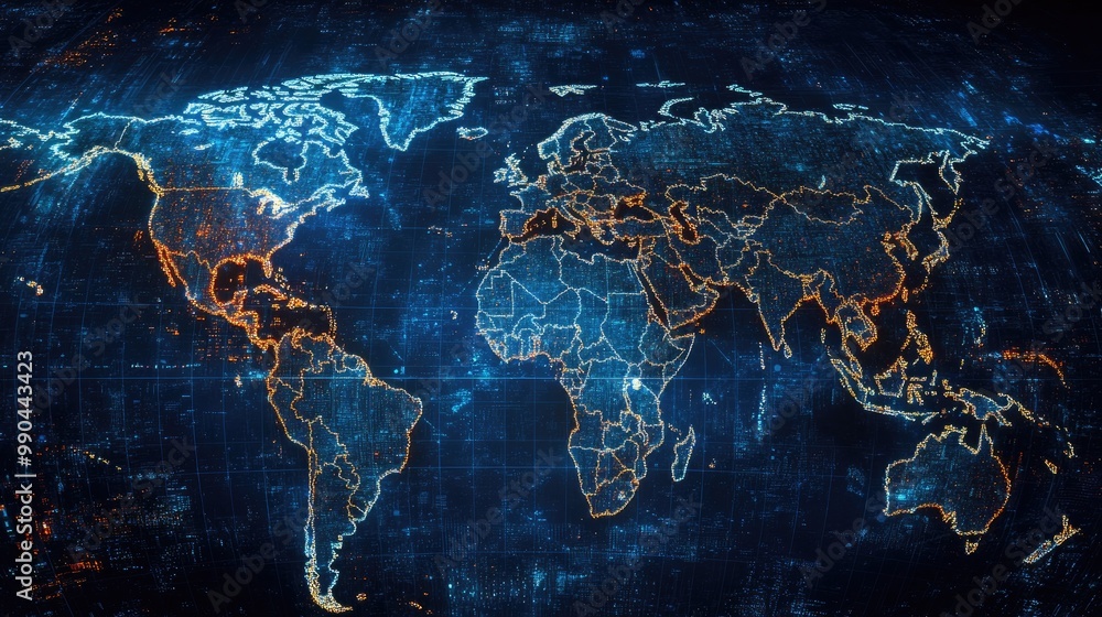 Poster global map with borders highlighted, showing areas impacted by trade barriers and restrictions in in