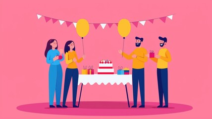 A vibrant party scene featuring four people celebrating with balloons, gifts, and a cake. The joyful atmosphere is enhanced by colorful decorations and a festive backdrop.