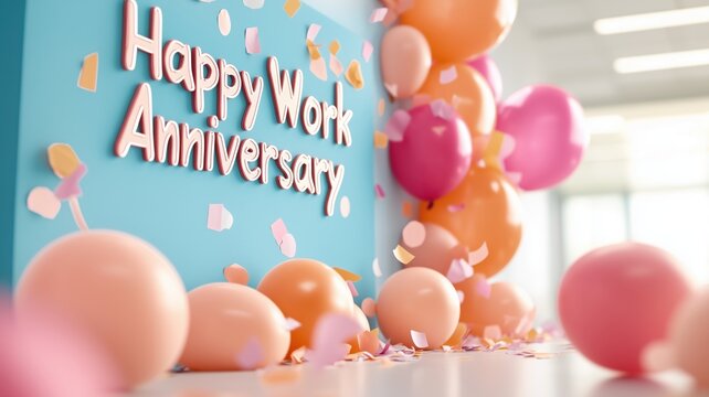 Colorful balloons and festive decorations for a work anniversary celebration, creating a joyful and cheerful atmosphere in an office setting.