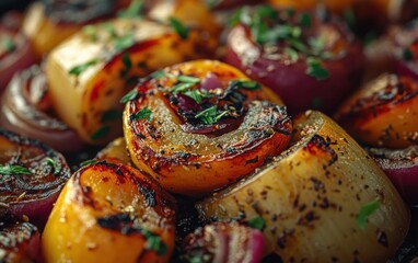 Close-up of seasoned and grilled onion slices garnished with fresh herbs, showcasing a delicious and vibrant culinary presentation.