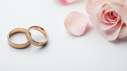 Two elegant gold wedding rings resting beside soft pink rose petals on a white background, symbolizing love, commitment, and timeless beauty.