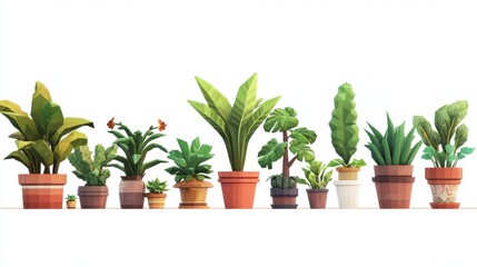 Obraz premium A series of potted plants stand neatly in a row against a white backdrop, showing off their vibrant greenery. Each pot features a unique design, adding charm to the arrangement.