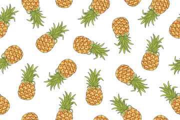 Seamless pineapple pattern. Color vector illustrations on a white background.