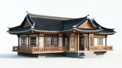 Naklejka premium Traditional wooden house with a curved roof, a balcony, and stone steps.