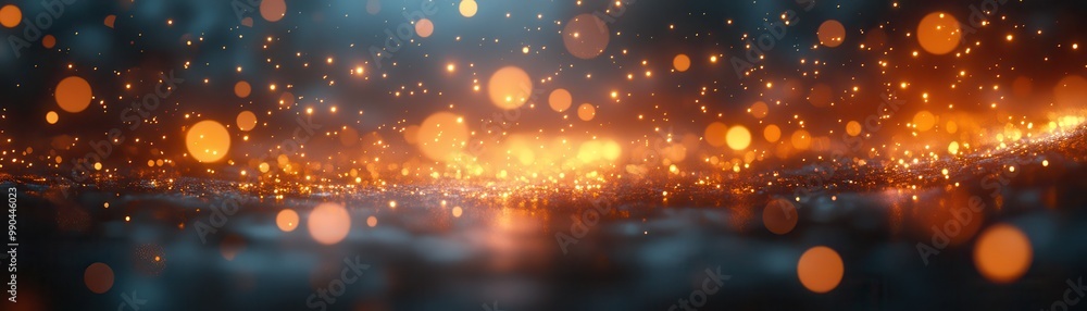 Poster abstract blurred background with orange and blue glowing bokeh lights, creating a festive and magica