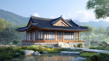 Naklejka premium Traditional Asian wooden house with tiled roof and stone pathway in a serene garden setting.