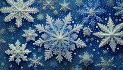 A pointillism style painting featuring delicate snowflakes crafted from thousands of tiny dots in shades of blue and white. The intricate design creates a mesmerizing effect