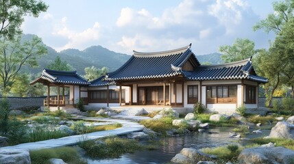 Fototapeta premium Traditional Asian home with a pond and stone path in front.