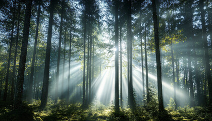 Fototapeta premium Tall, misty trees with sunlight streaming through the branches, creating a magical and mysterious forest atmosphere