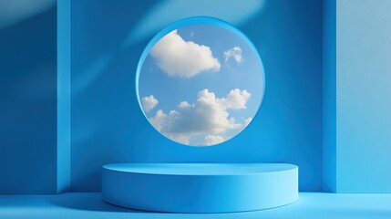A blue minimalist product display podium with a circular window looking onto a blue sky with white clouds.