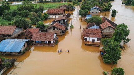Naklejka premium Aerial View of Flooded Village with Houses and People