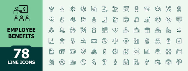 Employee benefit stroke icons set. Related to teamwork, insurance, Bonus, pension, Security. Line icon collection. Minimal vector illustration.