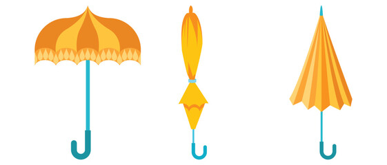 Umbrella icon set. Vector illustration. Umbrella symbol collection.  Protection parasol symbol from rain and sunrays. Umbrella vector, Open and close umbrella icon. 