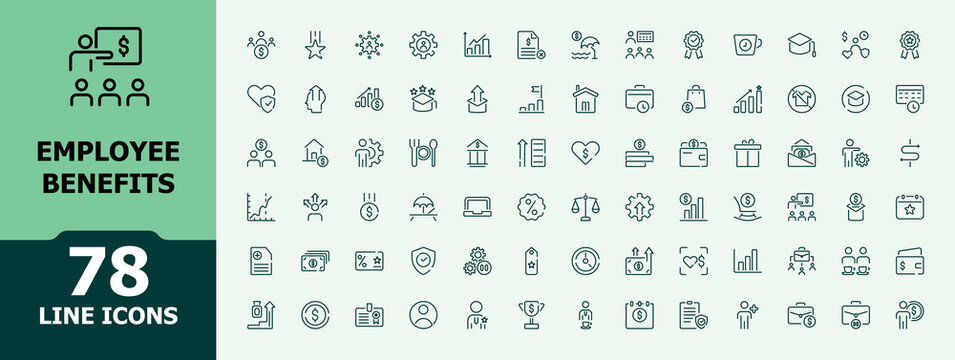 Employee benefit stroke icons set. Related to teamwork, insurance, Bonus, pension, Security. Line icon collection. Minimal vector illustration.
