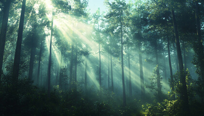 Obraz premium Tall, misty trees with sunlight streaming through the branches, creating a magical and mysterious forest atmosphere