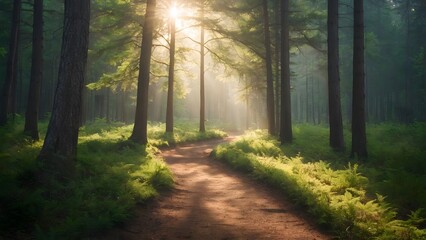 Fototapeta premium A Tranquil Forest Path Illuminated by Morning Sunlight and Surrounded by Lush Greenery in a Serene Woodland