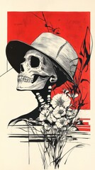 Fototapeta premium Illustration with a girl and a skull on the theme of the Día de Muertos. Day of the Dead is one of the most vibrant and original holidays in Mexico. A great reason to laugh at Death and actively enjoy