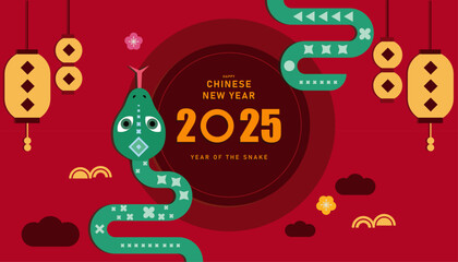 Chinese new year 2025 year of the Snake, happy new year 2025, Cartoon Vector illustration design for Poster, Banner, Greeting, Card, Flyer, Cover, Post. Chinese snake