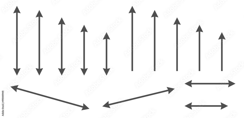 Poster arrow double size measurement icon simple pictogram thin line stroke graphic set, dual dimension met