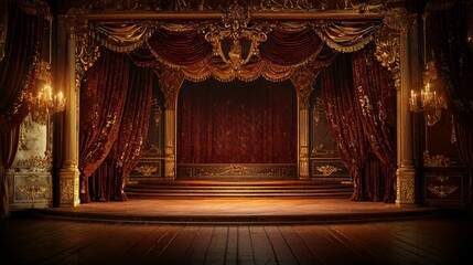 A baroque-style stage with intricately carved wooden floors, bathed in warm golden light