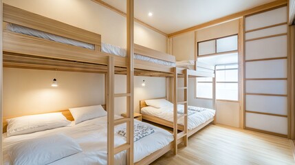 Japanese-style bedroom featuring minimalist bunk beds with wooden accents. Clean lines, natural materials, and a serene, clutter-free atmosphere.