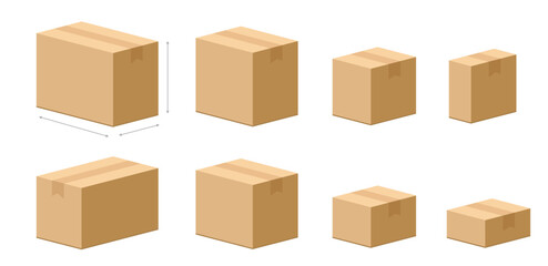 Cardboard delivery boxes different sizes set vector icon 3d graphic illustration, carton delivery postal parcel paper package small big medium objects image clip art
