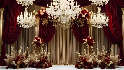  decoration A luxurious wedding backdrop with crystal chandeliers, velvet drapes, and cascading floral arrangements in rich tones of burgundy and gold
