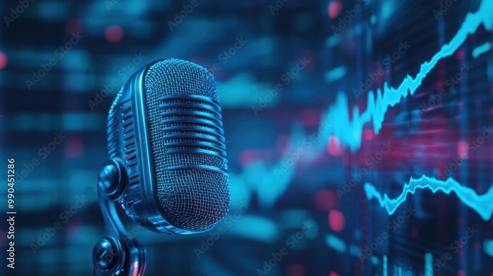 Wall mural close up of a microphone in front of a blue and pink blurred background with a line graph.