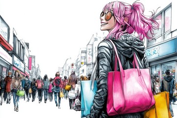 World Shopping Day. 
Day of big discounts provided on
a wide variety of goods by the owners of the largest Chinese
Internet platforms. Girls and men with bags full of various purchases.