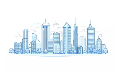 Blue city buildings, skyline vector illustration with white background. Modern architecture of urban landscape with a simple, minimalistic flat design of a town in a line art style