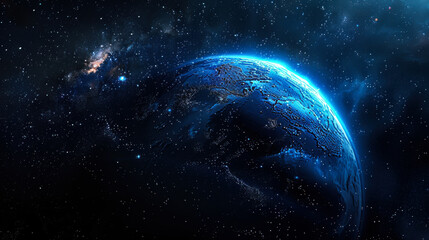 A stunning view of Earth illuminated in blue against the dark backdrop of space