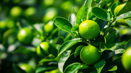 A close-up view of fresh green limes on a tree branch, with vibrant leaves in the background, showcasing nature's greenery and freshness.
