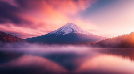 Fototapeta premium A breathtaking view of Mount Fuji at sunrise, surrounded by serene waters and vibrant skies, embodying natural beauty and tranquility.