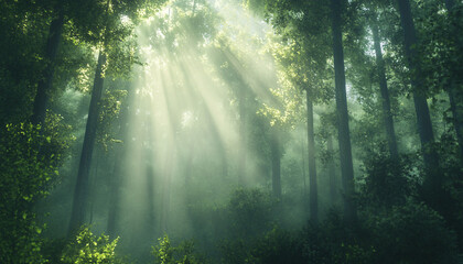 Obraz premium Tall, misty trees with sunlight streaming through the branches, creating a magical and mysterious forest atmosphere