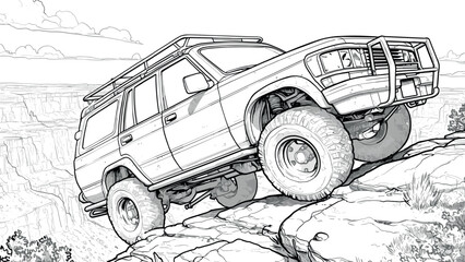 SUV with One Wheel Rock Against Canyon Background Coloring Book Page Detailed Illustration Dramatic Canyon Scene Off-Road Adventure Drawing for Children Dynamic Vehicle Art Page