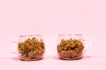 Dry elderberry flowers in glass cups on a pink background