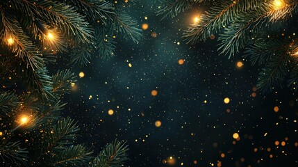 A moody Christmas background with dark green pine branches and golden lights on a transparent background. 