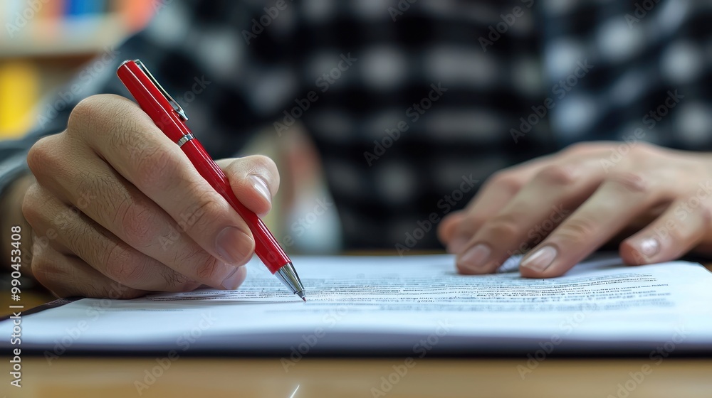Poster a person editing a document with a red pen, symbolizing the process of amending written work