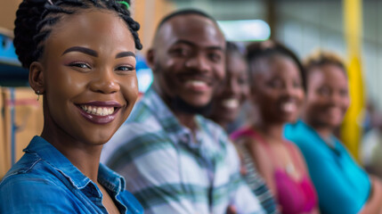 Fototapeta premium A diverse group of people stands together, smiling cheerfully in a well-lit manufacturing environment.