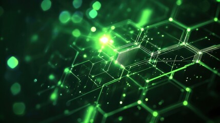 A green graphic background with hexagonal patterns and light streaks, giving a modern, futuristic atmosphere. Suitable for tech or innovation-driven themes.